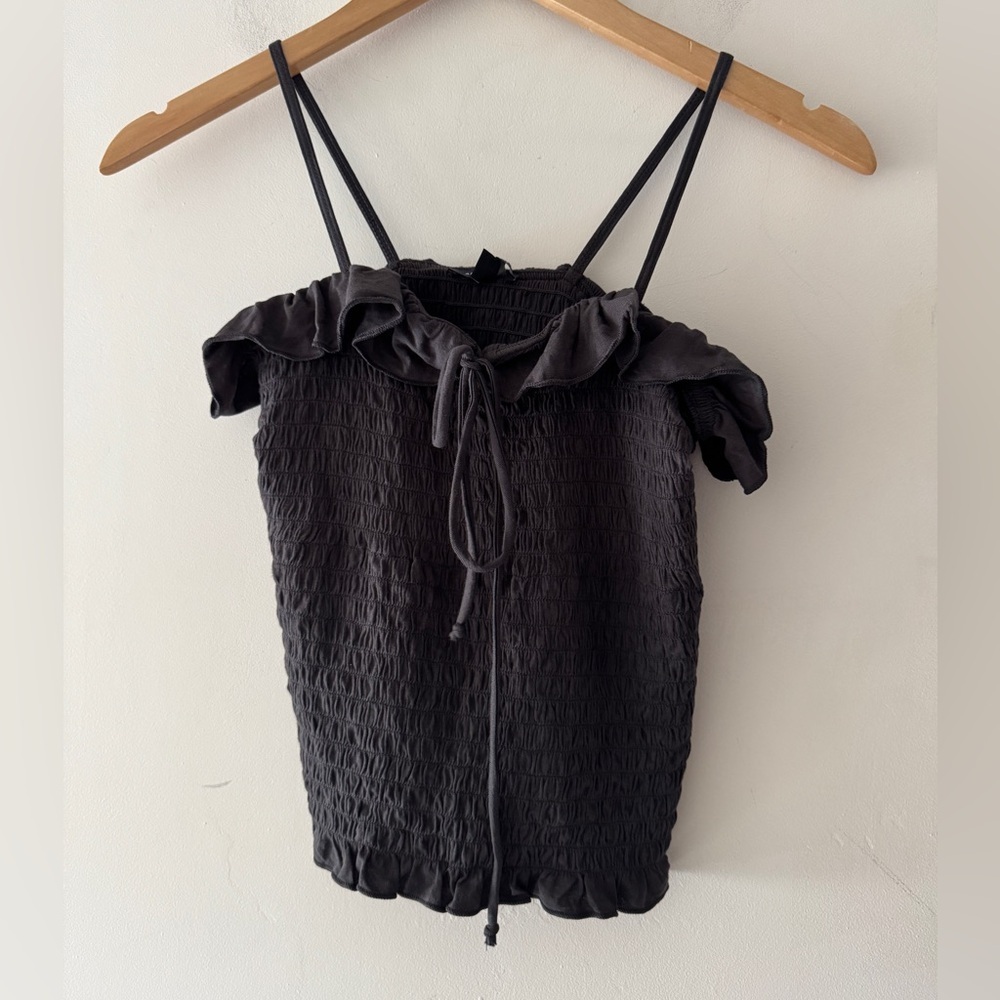 American Eagle Women's Dark Grey‎ Ruffle Smocked Tank Top Size Small